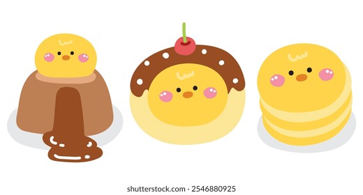 Conjunto de pollo lindo en varias panaderías de menú. Pastel. Cara. Cabeza. Pastel de lava de chocolate, cereza de donut, panqueque. Diseño de dibujos animados de personajes de animales de aves de granja. Kawaii. Vector. Ilustración