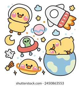 Set von niedlichen Hühnchen verschiedene Posen im Raum Konzept.Farm Tier Charakter Cartoon Design.Planet, Galaxie, Mond, Stern, Rakete,Erde,Alien gezeichnet Kollektion.Kawaii.Vektorgrafik.Illustration