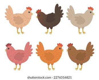 Set of cute chickens. Easter colored cartoon chickens. Vector illustration of a chicken. Set of cute cartoon chicken illustrations.