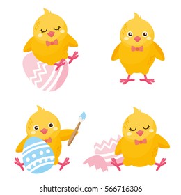 Set of cute chickens. Chickens with Easter eggs on white background. Cartoon character illustration.