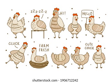 Set of cute chickens isolated on white - cartoon hens and roosters character for happy farm design