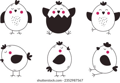 A set of cute chicks in different poses. Vector line illustration. A chick hatched from an egg. Design for greeting cards, banners, posters and cloth	