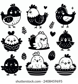 A set of cute chicks in different poses. Vector line illustration. A chick hatched from an egg. Design for greeting cards, banners, posters and cloth