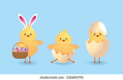 set cute chicks with eggs broken and easter decoration