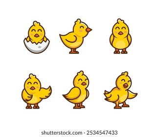 Establecer un logo de mascota de pollitos lindos. Vector de dibujos animados pollitos lindo personaje,