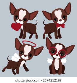 Set of cute chihuahuas with hearts for Valentine's Day