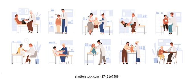 Set of cute child visit doctor vector flat illustration. Collection of various kids and parents at physician consultation isolated on white. Friendly medical staff work with diverse boy and girl