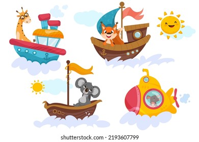 Set of cute childish animals sailing on maritime transport. Funny koala in sea boat, mouse in submarine, smiling fox in ship and giraffe in steamship. Cartoon baby captain characters in marine journey