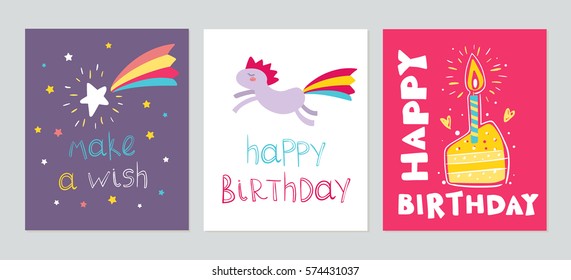 Set of cute childish birthday cards with rainbow pony, falling star, piece pf cake and inscriptions happy birthday and make a wish