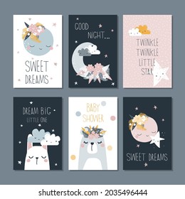 Set of cute childish cards with quotes. Vector hand drawn illustration.