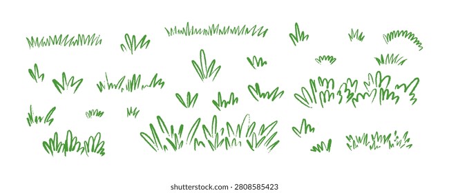 Set of cute childish crayon doodle green grass, bush, hill. Pastel kid hand drawn background. Pastel, chalk, pencil nature landscape. Spring, summer field, garden, forest, lawn, meadow funky sketch