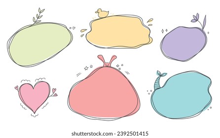 Set of cute childish doodle frames decorate with elements of leaves, flower, hearts, duck, bunny and mermaid tail. Different doodle shapes with a blank space. Vector illustration