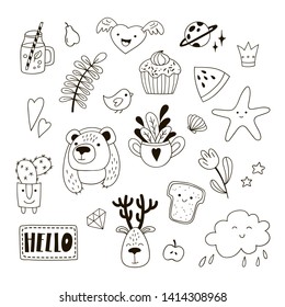 Set of cute childish doodles. Black and white vector clipart.