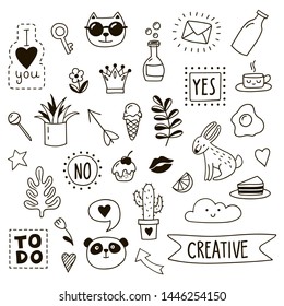 Set of cute childish doodles. Black and white vector clipart.