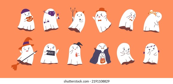 Set of cute childish ghosts. Funny spooky characters for kids. Different Helloween spooks in witch, vampire, cat, devil costumes. Isolated flat cartoon vector