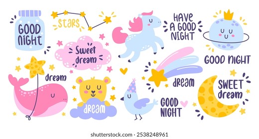 Set of cute childish good night lullaby and sweet dreams wish with inscriptions colorful design. Creative bright decoration with calligraphic cursive phrase font for baby shower and children bedtime