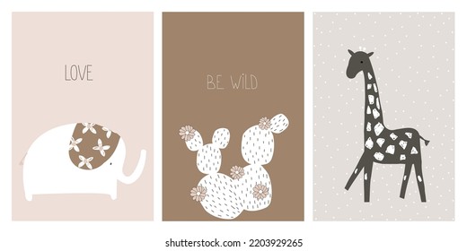 Set of cute childish pastel cards or poster with elephant, giraffe and cactus. Vector hand drawn illustration.