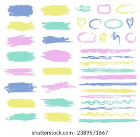 Set of cute childish pastel textured sketch elements on white background. Pink, yellow, blur, green underline markers, text boxes, brush strokes, hand drawn frames, arrows, emphasis, doodle bubbles