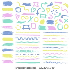 Set of cute childish pastel textured sketch elements on white background. Pink, yellow, blur, green underline markers, text boxes, brush strokes, hand drawn frames, arrows, emphasis, doodle bubbles