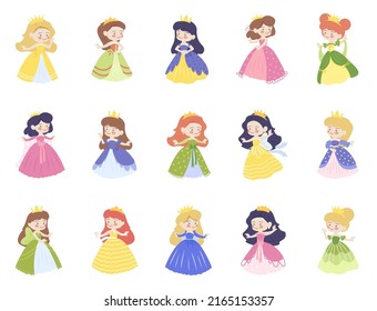 Set of cute childish princesses in colorful dresses wearing tiara. Fairy tale queens isolated on white background. Cartoon flat vector illustration