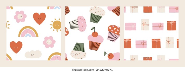 Conjunto de lindos patrones vectoriales sin fisuras infantiles. Moderno ambiente de guardería. Bonitos dibujos animados con pastelitos, cajas de regalo, flores, corazones para viveros, diseños de San Valentín, festividades