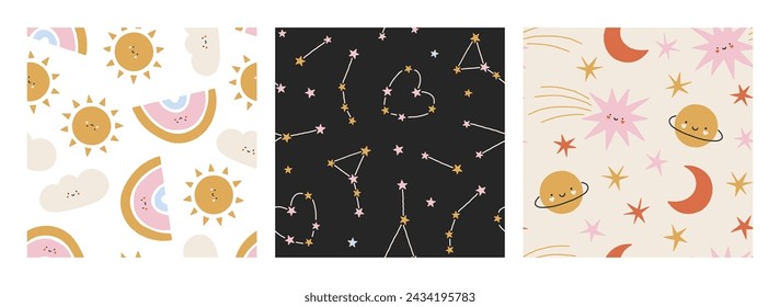 Conjunto de lindos patrones sin fisuras vector infantil. Fondo celeste moderno de moda. Patrones de dibujos animados encantadores con estrellas, planetas, constelaciones para el vivero, diseños de San Valentín, fiestas festivas