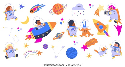 Set of cute children astronauts with planets, animals and UFO flat style, vector illustration isolated on white background. Decorative design elements collection, space and cosmos