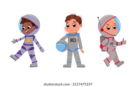 Set of cute children astronauts in space suits cartoon vector illustration on white background
