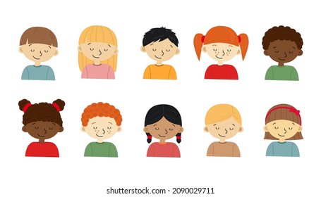 A set of cute children avatars. Kids of different ethnicities. Boys and girls with divers hair styles. Isolated on white.