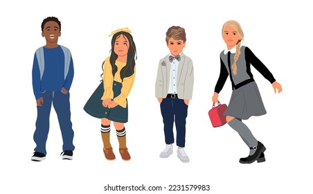 Set of cute children with backpack or bag going to elementary or middle school vector realistic illustration. Collection of children different races and nationality. Kids in modern fashionable clothes