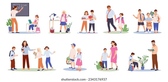 Set süße Kinder mit Rucksack, die mit Eltern zurück zur Schule gehen. Sammlung von lustigen Schülern, die während des Unterrichts lernen, lernen, mit dem Lehrer kommunizieren Flat Vektorgrafik einzeln auf Weiß