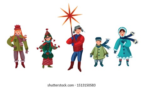 A set of cute children, boys and girls in winter clothes with red cheeks from the cold, stand with the star of Bethlehem and sing carols. Slavic traditions. Isolated image. Vector graphics.