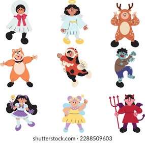 Set of cute children in carnival costumes. Vector illustration in cartoon style
