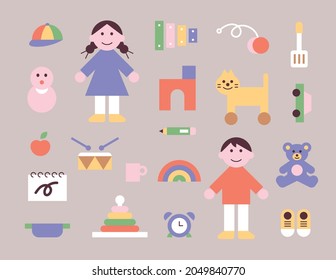 Set of cute children characters and toys icons. flat design style vector illustration.