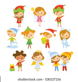 Set of cute children in christmas costumes