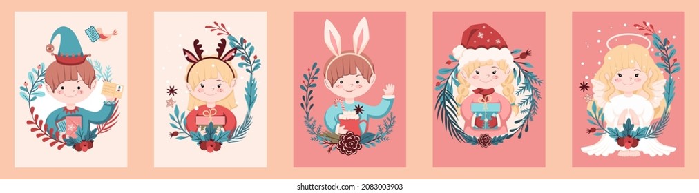 Set of cute Children for Christmas Illustrations. Children with gifts, Angel, Elf with a letter are decorated with Christmas Wreaths and Flowers. Set of bright Designs for Vector Images.