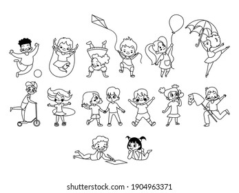 Set of cute children. Collection of active and playing boys and girls. Kindergarten. Linear art. Vector illustration Vector Illustration of funny kids.