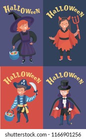Set of cute children in colorful Halloween costumes: witch, pirate, devil, vampire or dracula. Collection of clothes for kids. Vector cartoon illustration in modern concept
