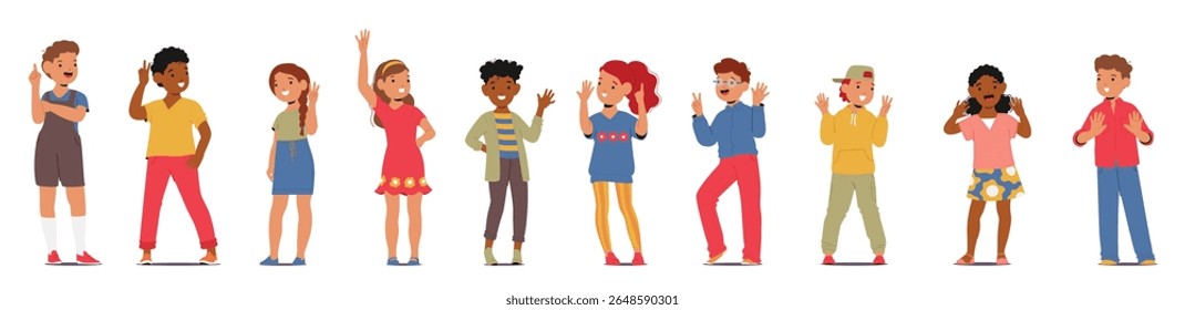 Conjunto de crianças bonitas contando com dedos desfrutando de jogo educativo para aprender números e aritmética. Pequena estudante, menina menino pré-escolar personagens de desenhos animados estudando matemática ilustração vetorial