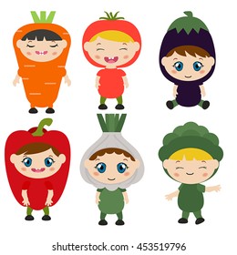 Set of cute children dressed like vegetables. Kids wearing vegetables costumes isolated on white background.