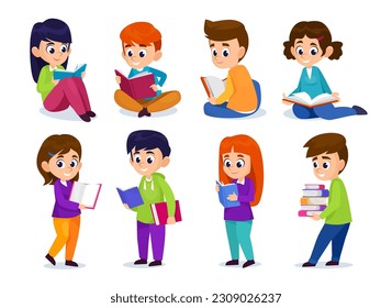 Set of cute children holding books and reading isolated on white background. Happy little boy and girl characters studying at home. School kids love to read and learn. Cartoon vector illustration