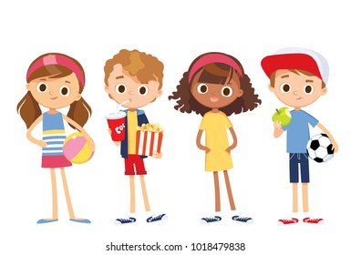 Set of cute children. Children lifestyle. Kids with fast food and toys.