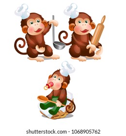 Set of cute children monkey cooking isolated on a white background. Vector cartoon close-up illustration.