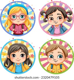Set of cute children on circle sticker banner illustration