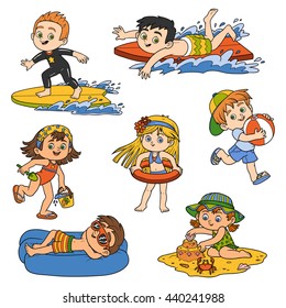 Set of cute children on summer vacation. Happy childhood. Color characters in cartoon style.