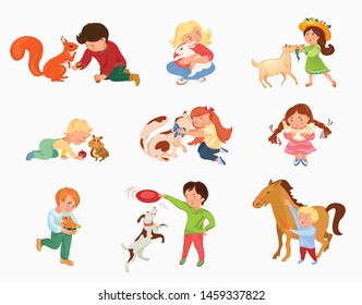 Set of cute children play with different home animals