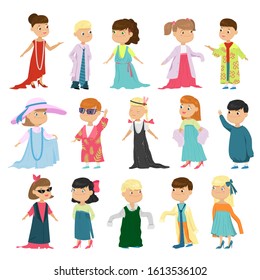 Set of cute children pretending to be adult, wearing oversized clothes, vector illustration isolated on white background