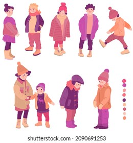Set with cute children in stylish winter outfit. Fashion kids.  Isolated figures on white background. 