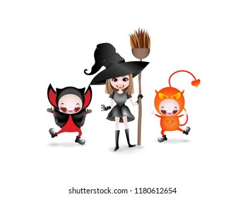 Set of cute children with them halloween costume. Happy halloween illustration vector.