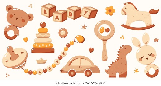 A set of cute children toys and elements painted in Bohemian colors. The package contains baby rattles, pyramid, car, pacifier, dinosaur and cubes.
